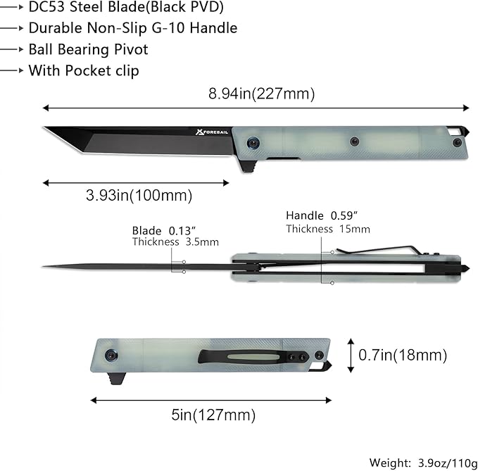 Flipper Pocket Folding Knife,DC53 Steel Blade and G10 Handle. With pocket clip and glass breaker,men's pocket knife hiking trip EDC tool Knife (Natural G10 Handle)