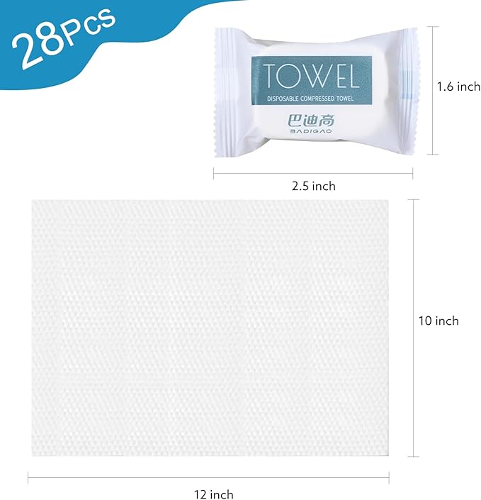 Disposable Compressed Face Towels, 28 Pack Individually Wrapped, 11.8" × 9.5" Pure Cotton Travel Towels, Quick-Expand, Ultra Absorbent & Thickened Portable Towels
