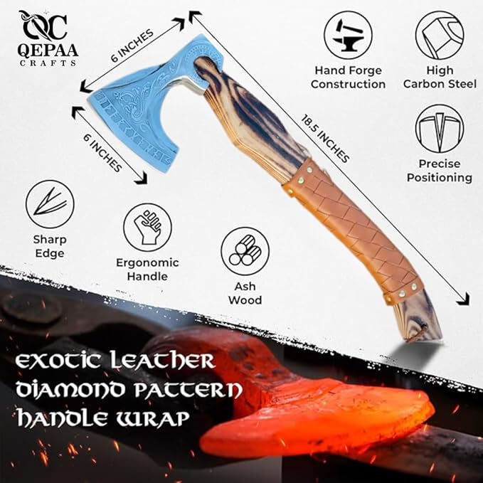 QEPAA CRAFTS® The Frostbreaker Handmade Viking Forged Steel Camping Survival Axe for Wood Splitting and Chopping-Bushcraft Hatchet- Norse Viking Gift for Adventurers