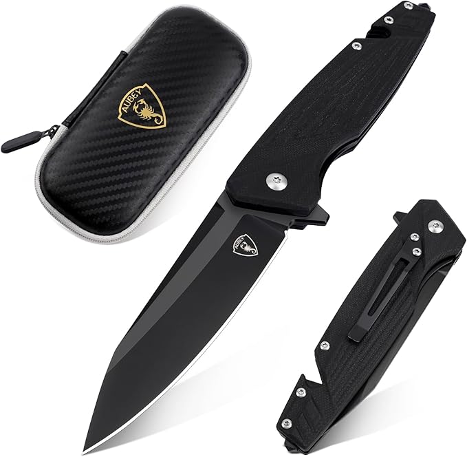 AUBEY Pocket Knife, 8Cr14Mov Steel Blade 3.54", 3-in-1 Folding Knife for Men, Tactical Multitool Knife with Glass Breaker Seat Belt Cutter for EDC Outdoor Survival Camping Hiking (G10 Handle)