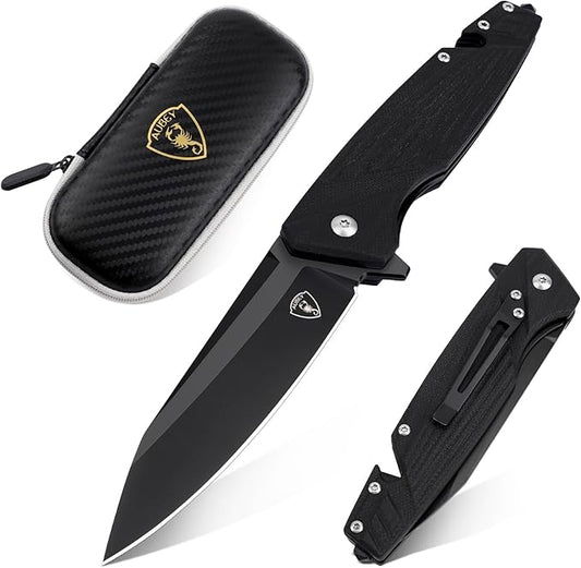 AUBEY Pocket Knife, 8Cr14Mov Steel Blade 3.54", 3-in-1 Folding Knife for Men, Tactical Multitool Knife with Glass Breaker Seat Belt Cutter for EDC Outdoor Survival Camping Hiking (G10 Handle)