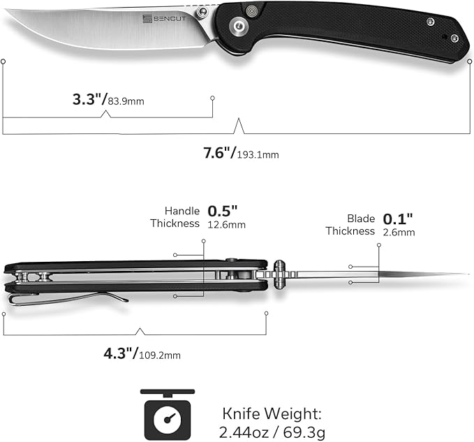 SENCUT Skelfin Pocket Knife for EDC, Folding Knife with 3.3'' Blade & G10 Handle, for Camping Hiking S25007-2 (Black)