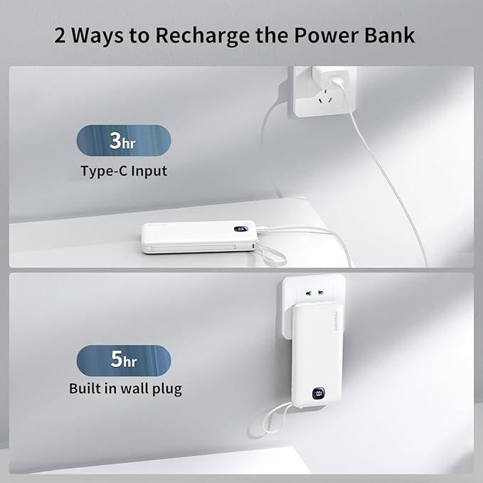 Portable Charger with Built-in Cables&AC Wall Plug,Slim 10000mAh 22.5W Fast Charging Power Bank,5 Output 2 Input USB-C External Battery Pack Compatible with iPhones,Samsung,Android, etc
