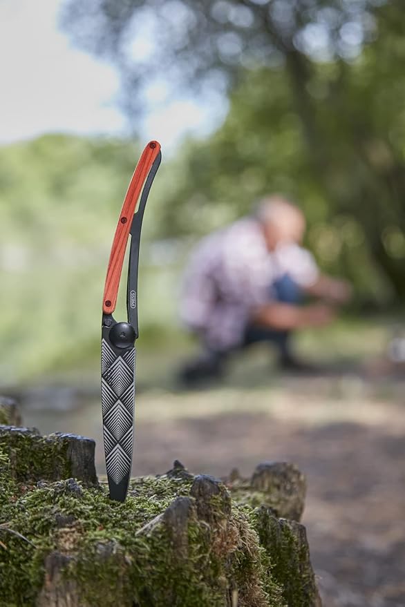 deejo - 0.9 OZ, Black Titanium, Coral Wood, Art Déco - Ultra-Light Folding Pocket Knife with a Belt Clip - Z40C13 Stainless Steel
