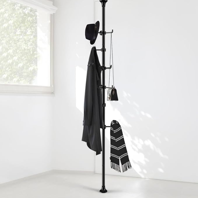 Coat Rack Freestanding, 56 to 125 inch Adjustable Tension Rod Hanger with 12 Hooks for Hanging Coat, plant,Jacket, Hat, Scarf, Suitable for Living Room, Balcony, Kitchen Black
