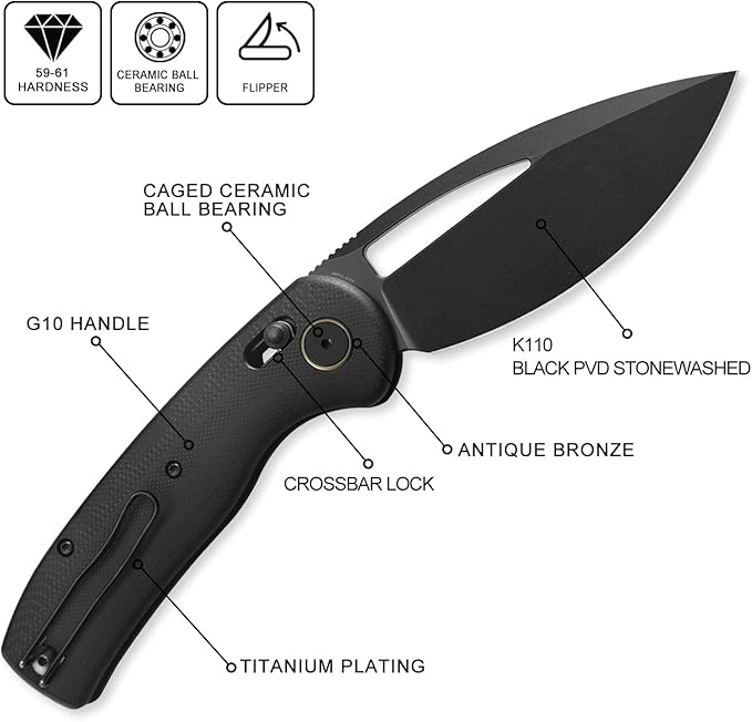 Petrified fish PFP13 Viper Folding Knife,3.5" K110 Steel Black Stonewashed Blade G10 Handle Pocket Knife for Camping EDC Outdoor (Black Black Stonewashed)