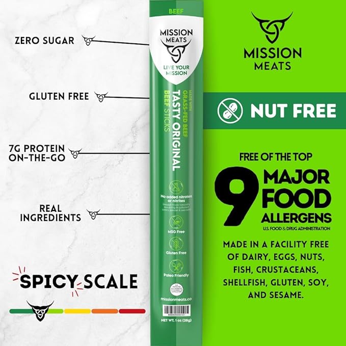 Mission Meats Beef Sticks – 100% Grass Fed & Pasture Raised, Sugar Free, Individually Wrapped Healthy Snacks, Whole 30 & Paleo Friendly, Original 1oz (Pack of 12)