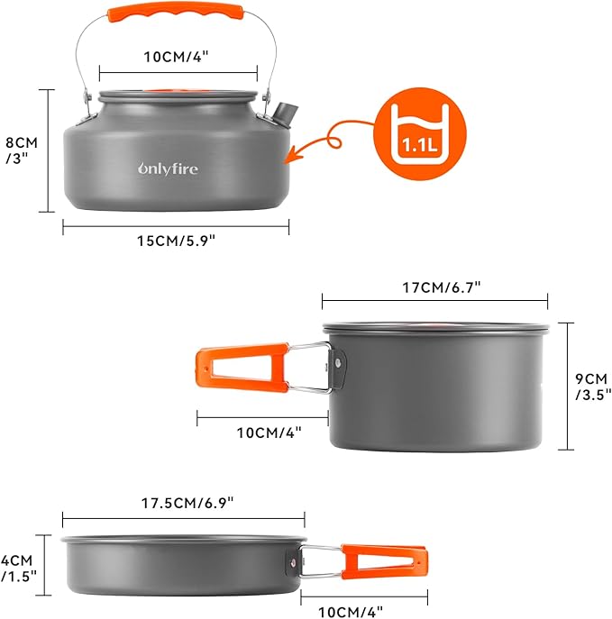 Onlyfire 15pcs Camping Cookware Mess Kit, Non-Stick Lightweight Pot Pan Kettle Set with Plates Forks Knives Spoons for Camping, Backpacking, Outdoor Cooking and Picnic CT605