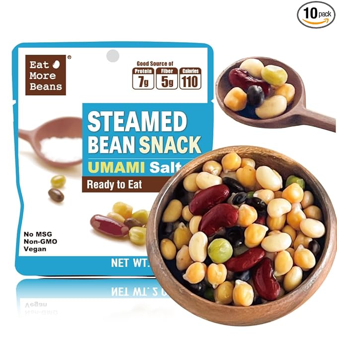 ?�Eat More Beans??STEAMED BEAN SNACK -UMAMI Salt USDA Certified Healthy Vegan Snacks Ready to Eat Fully Cooked- Box of 10 packs(2oz, 10packs)