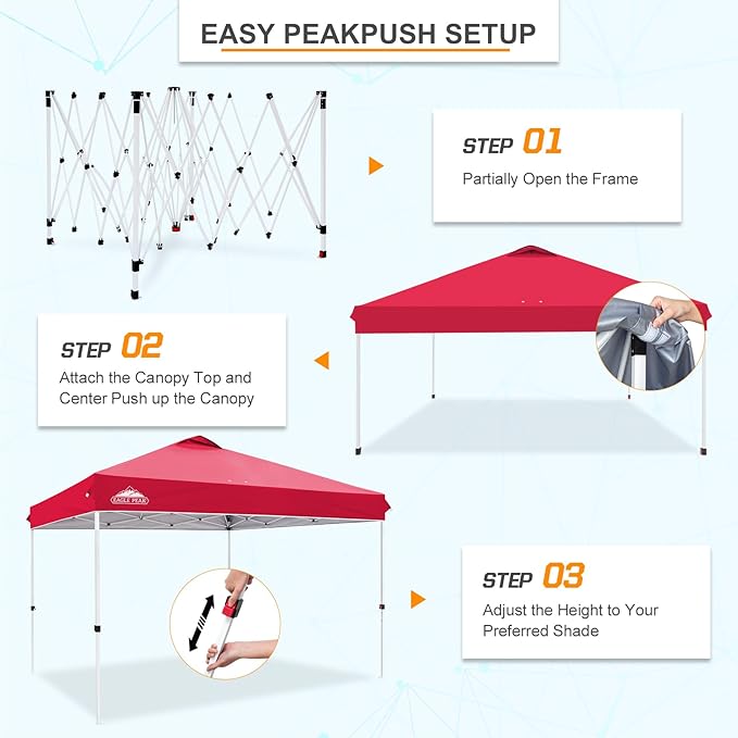 EAGLE PEAK Pop Up Canopy Tent with Wheeled Carry Bag, 8 Stakes, 4 Ropes, 4 Weight Bags, Easy Set Up Tent Canopy, 12x12 ft, 144sqft of Shade, Red