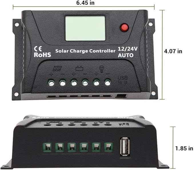 HQST 20Amp 12V/24V PWM Solar Charge Controller Regulator with LCD Display, USB-A Port, Compatible with Sealed, Flooded Lead-Acid Batteries