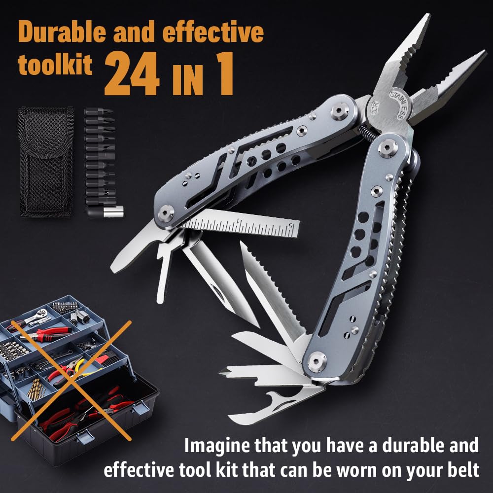 24-in-1 Multitool with Knife, Pliers & 11 Bits Sharp Stainless Steel - Multi Tool for Men - Ideal