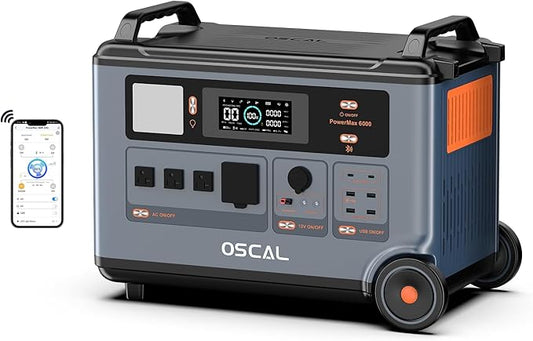 OSCAL PowerMax 6000 Solar Generator, 120/240V Split Phase Voltage 6000W AC Outlets (9000W Peak), 3600Wh LFP Battery Power Station, Expandable to 57.6kWh, 2200W/1.96H Fast Charging for Home, Emergency