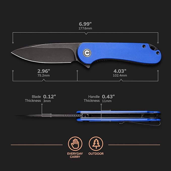 CIVIVI Folding Pocket Knife, 2.96" D2 Blade G10 Handle, Elementum Liner Lock Flipper Knife with Deep Carry Pocket Clip for EDC C907X (Blue)