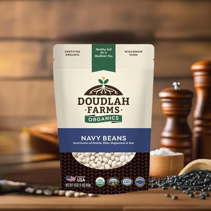 Organic Navy Beans 1 lb - Non-GMO, USDA Organic, Tested Clean Certified, Vegan - Rich in Fiber & Protein for Soups, Burritos, Salads & Chili - Grown In USA, Farmed From Regenerative Soil by Doudlah Farms