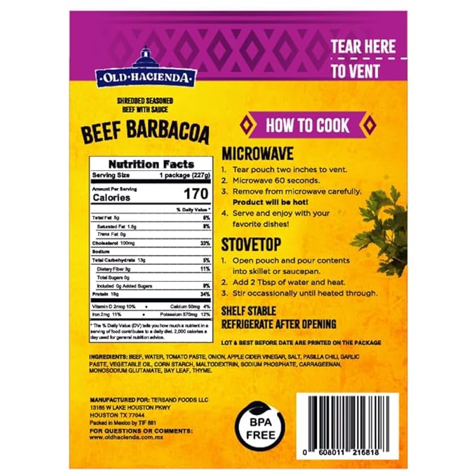 Old Hacienda Beef Barbacoa, | 100% Shredded Seasoned Beef with Sauce | Fully Cooked & Ready to Eat | 18g Protein | No Preservatives, Artificial Flavors or Colors | BPA Free Pouch | Pack of 6 - 8 oz