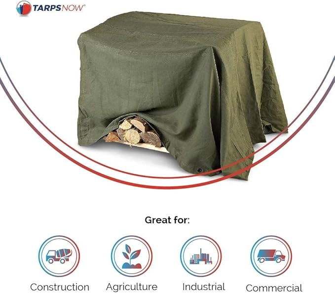 Tarps Now 12x24 ft Heavy Duty Canvas Tarp| 18 MIL Industrial Grade Fabric, Tear Resistance, Reinforced Edges, Brass Grommets | Ideal for Construction, Trucking, Manufacturing, Automotive –Olive Color