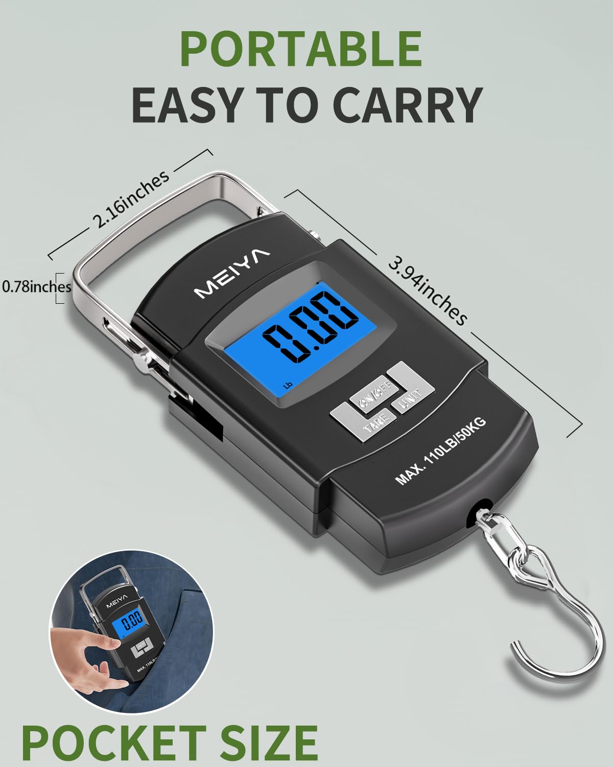 MEIYA Fish Scale 110lb/50kg Digital Fishing Scale with Backlit LCD, Portable Handle, Stainless