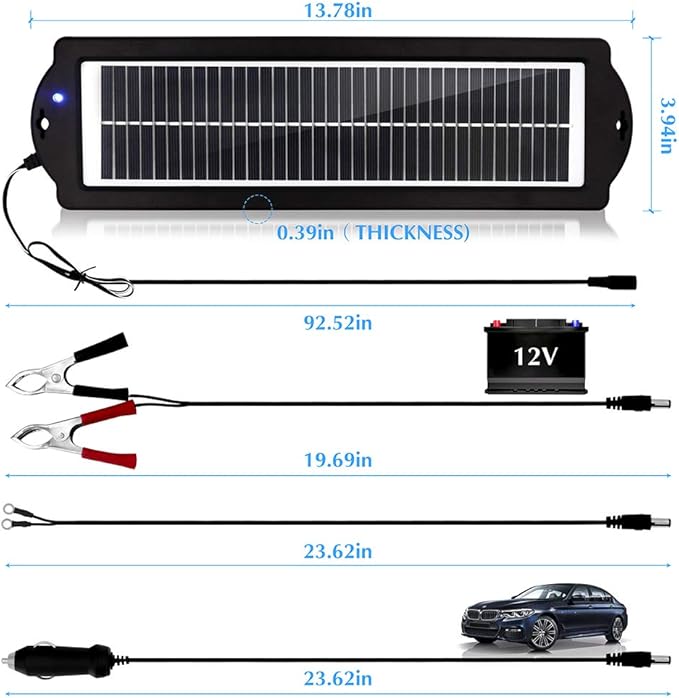 MEGSUN 12 Volt 3W Solar Car Battery Maintainer Trickle Chargers Kits, Portable Waterproof Solar Panel Charging Kit for Car, Boats, RV, Trailer, Camper, Automotive, Motorcycle, Snowmobile. (3W)