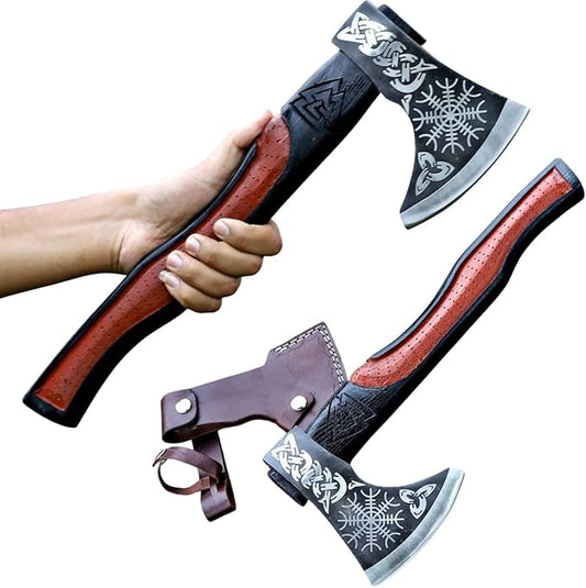 Viking Axe | 18" Carbon Steel Throwing Hatchet with Ash Wood Handle & Leather Sheath | Etched Norse Design, Functional & Collectible Gift(WCA-001)