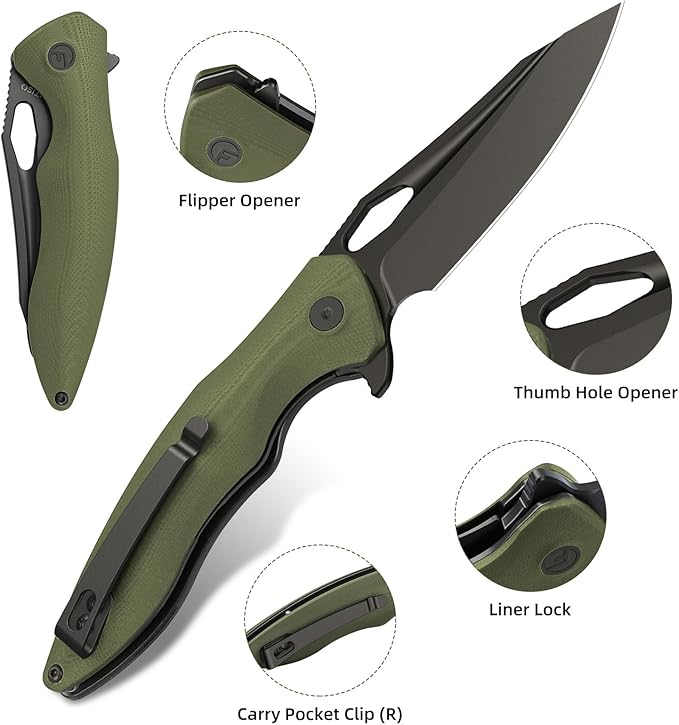 FINTISO Apollo Pocket Knife, 3.3" 14C28N Blade G10 Handle Folding Knife with Liner Lock, Small EDC Knife with Pocket Clip for Camping, Survival, Hunting, Unique Gift for Men Women