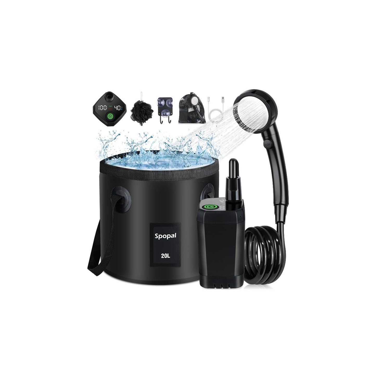 Spopal Rechargeable Camping Shower with Collapsible Bucket Handle 20L