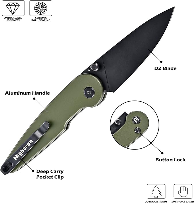 Hightron Birdidi Folding Knife, Small Pocket Knife with 2.91" Drop Point D2 Blade and Aluminum Handle, EDC Folding Knife with Clip for Men Women Camping Hiking Green-B