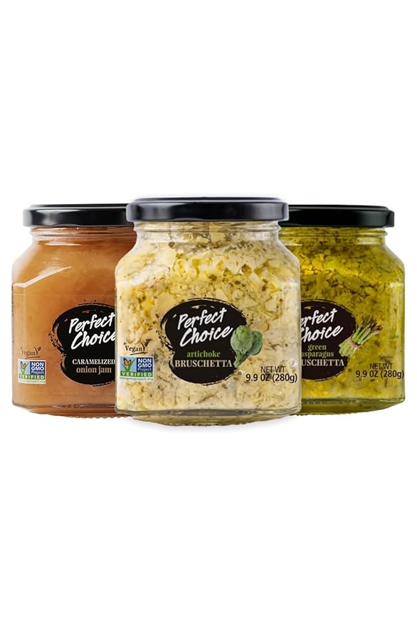 Perfect Choice Variety Pack with Delicious Artichoke Bruschetta, Green Asparagus Bruschetta & Caramelized Onion - Ready-to-eat Spread Ideal for Burgers, Sandwiches, Meats And More - Pack of 3