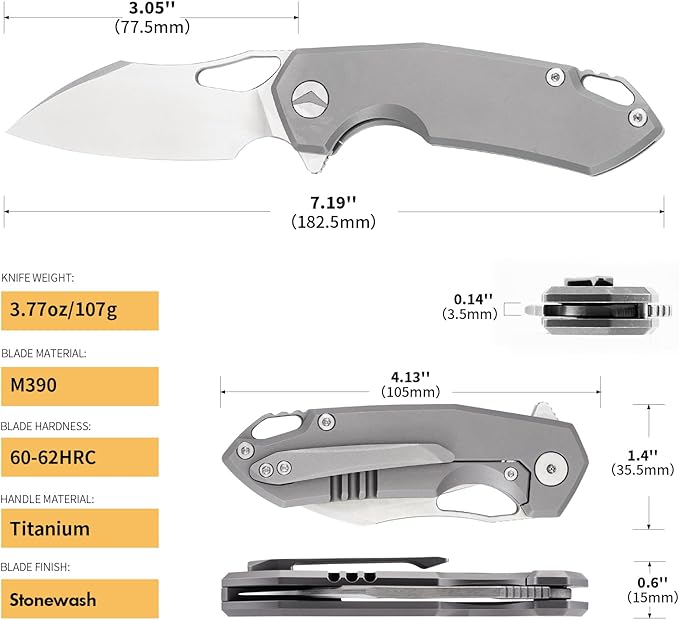 Folding Knife pocket knife EDC Knife With Clip Survival knife Camping knife - M390 Steel Titanium Handle - Outdoor Camping Hiking Survival Hunting knife with Sheath Gifts For Men (Grey)