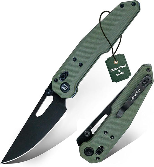 Hightron Sharplyn Folding Knife, 3.6" 14C28N Steel Blade with Black PVD OD Green G10 Handle Pocket Knife with Pocket Clip for Men Women Lightweight EDC Knives for Outdoor