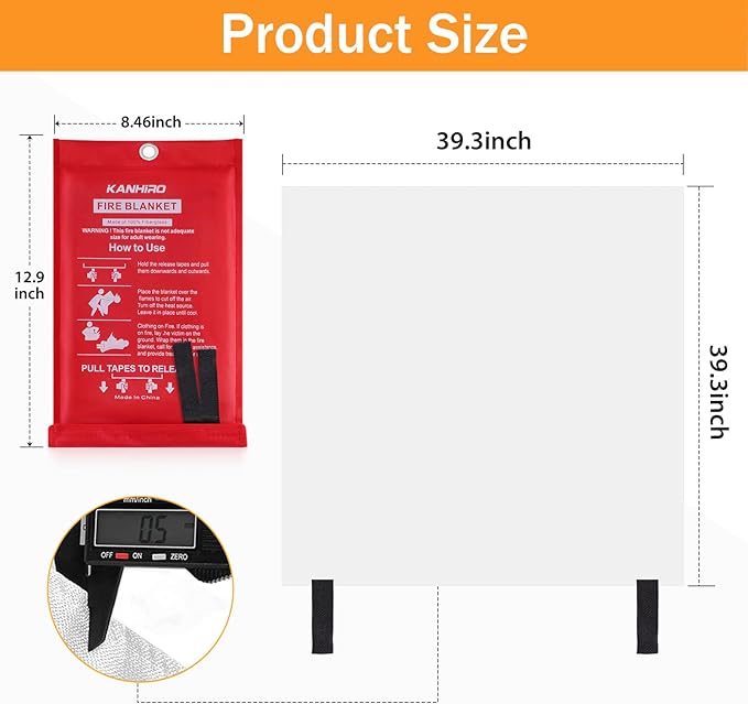 Emergency Fire Blanket for Home Kitchen - KANHIRO Fiberglass Fire Suppression Blanket Great for School, Fireplace, Grill, Car, Office, Warehouse (8 Pack, 39 in X 39 in)