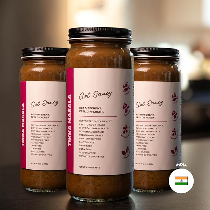 Get Saucy Tikka Masala Sauce - Gluten-Free, Dairy-Free, Corn-Free, Seed Oil-Free, Refined Sugar-Free, Nightshade-Free, Organic, Non-GMO, Preservative-Free, Healthy & Easy Meal (3 Pack, 48oz)