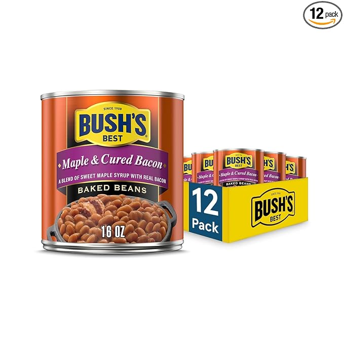 BUSH'S BEST 16 oz Canned Maple Cured Bacon Baked Beans Source of Protein and Fiber, Low Fat, Gluten Free, (Pack of 12)