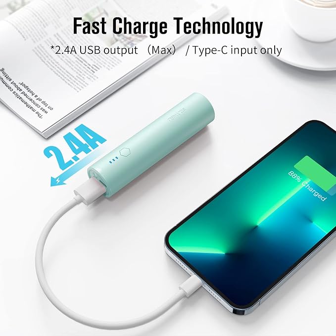 S03 Portable Charger, 5000mAh 2-Pack Small Power Bank with Fast Charging, USB-C Output Compatible with iPhone, Samsung, and More, Green