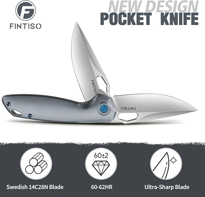 FINTISO Pocket Knife 3.38" Folding Knife Premium 14C28N Blade with 6061 Aluminum Alloy Handle, Camping Survival Hiking Knife, Best Gift for Men Women, Atlas Series