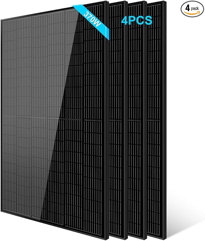 SUNGOLDPOWER 4pcs 370W Solar Panels Monocrystalline, Grade A Solar Cell, Waterproof IP68, High Efficiency Solar Panel On/Off Grid Supplies for Charging Station, Household, Marine, RV, Tiny House,Black