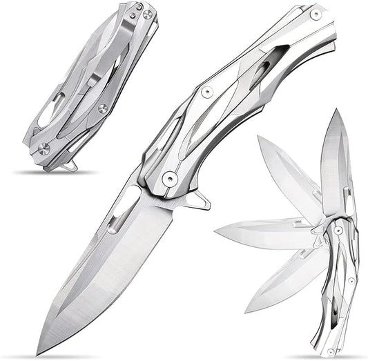 Eafengrow Folding Pocket Knife with D2 Blade Steel Handle Camping Tactical Knife (EF204-silver)