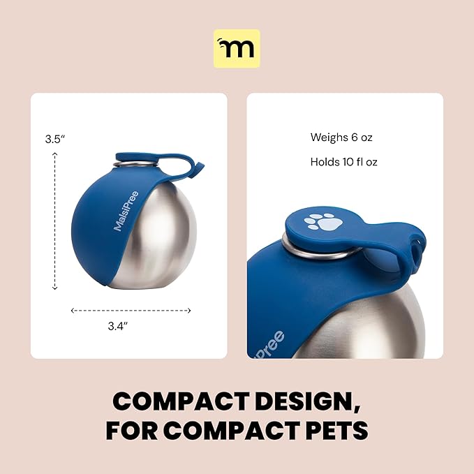 Malsipree 2-in-1 Portable Dog Water Bottle & Bowl for Small Dogs - Leak Proof & Insulating - Travel Water Dispenser - Stainless Steel Bottle & Silicone Bowl - Walking & Hiking (10 fl oz, Navy)