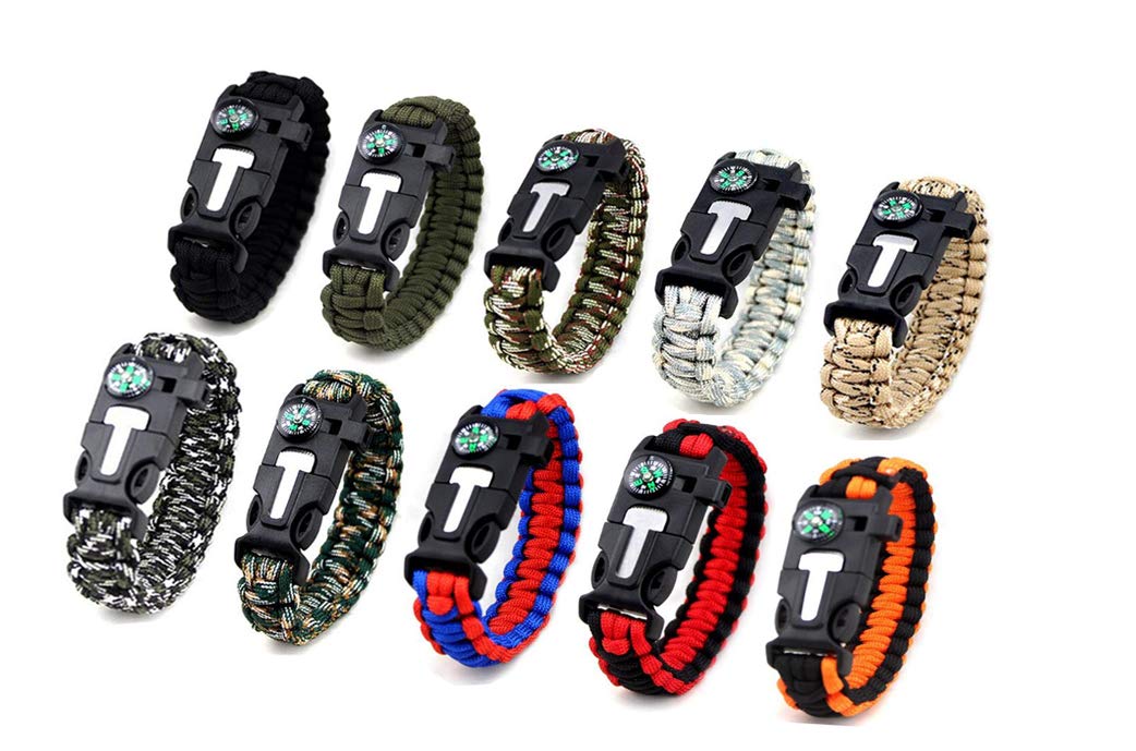 MQQC Kissmi 10 Pack Paracord Bracelet Survival Gear with Compass, Fire Starter, Whistle and