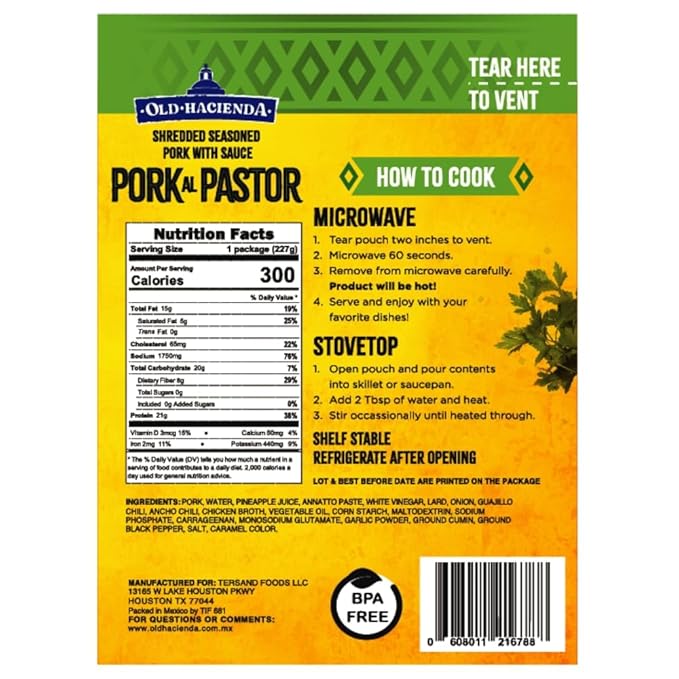 Old Hacienda Pork al Pastor | 100% Shredded Seasoned Pork with Sauce | Fully Cooked & Ready to Eat | 21g Protein | No Preservatives, Artificial Flavors or Colors | BPA Free Pouch | Pack of 6-8oz