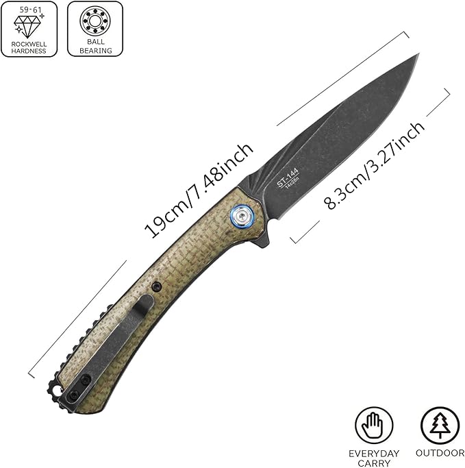 Sitivien ST144 Folding Knife,Black Stonewashed 14C28N Steel Blade,Micarta Handle Pocket Knife for Outdoor EDC Camping,Survival,Hiking,Fishing(Green)