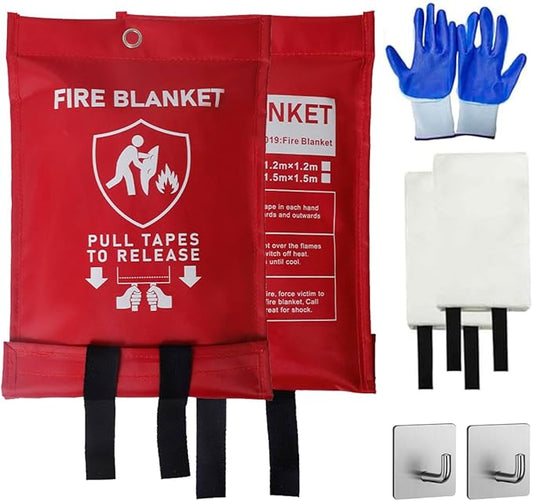 Emergency Fire Blanket for Home Kitchen 40"x40" 2 Pack with Gloves and Hooks Flame Suppression Fiberglass Fireproof Retardant Blankets for Car Boat Camping BBQ Grill Warehouse Survival Safety