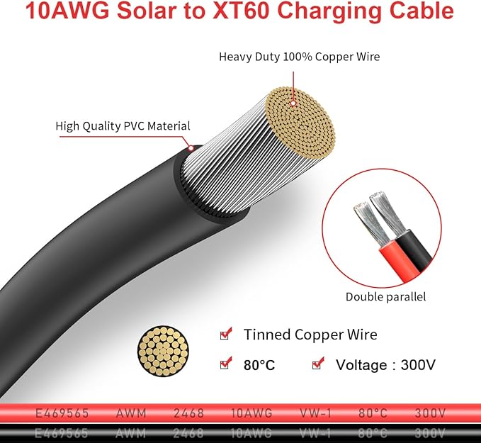 10AWG Solar to XT60 Charing Cable Solar Panel Extension Cable for Portable Power Station River 600 Solar Generator Battery Pack(10FT)