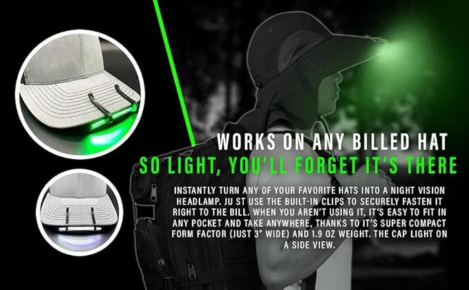 Night Vision Cap Light ?“Compact, Clip-On Hat Flashlight Powered by AAA | Dual LED Modes for Camping & Hunting | Lightweight Hat Flashlight for Billed Hats Suitable for Outdoor use Camo