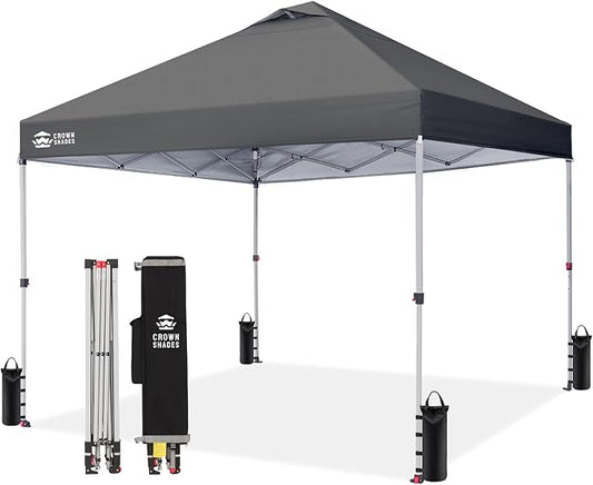 CROWN SHADES 10x10 Pop Up Canopy - Beach Tent with One Push Setup - Easy Outdoor Sun Shade Shelter for Events, Parties - Gazebo with STO-N-Go Cover Bag, Silver Coated Top, Grid Grey