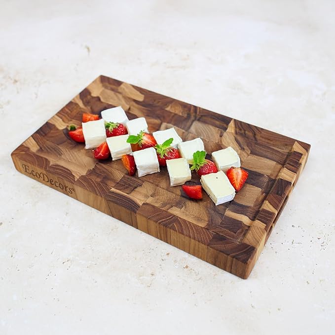 EcoDecors FSC Certified, Solid Teak Cutting Board, 10x6, Compact Reversible End Grain Wood Board for Snacks, Cheese, Garnish & Small Kitchen Prep