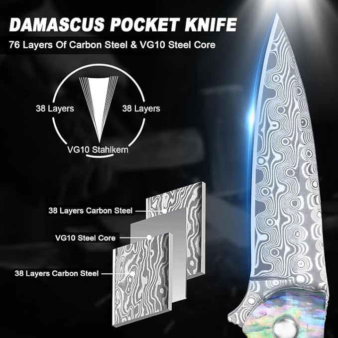 Damascus Pocket Knife for Women, 2.87" Damascus Steel Blade EDC Knives for Men, Abalone Shells Handle, Pocket Knives & Folding Knives for Indoor Outdoor Camping Hiking