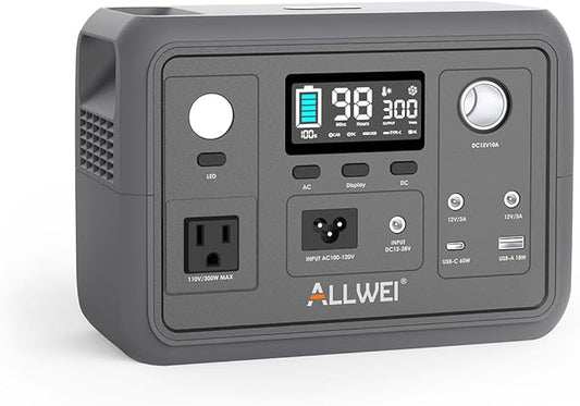 Portable Power Station 300W (Peak 600W), ALLWEI 256Wh Solar Generator with 60W USB-C PD Output, 110V Pure Sine Wave AC Outlet Backup LiFePO4 Battery for Outdoors Camping Travel Home Blackout