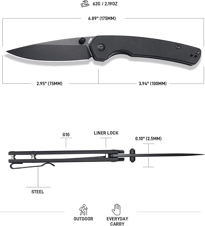 CJRB Kain Folding Pocket Knife, 2.95'' AR-RPM9 Steel Blade G10 Handle Small EDC Knife with Pocket Clip for Men Women, Sharp Knives for Camping Hiking Survival, Designed by Sanford Owen(J1956 Black)