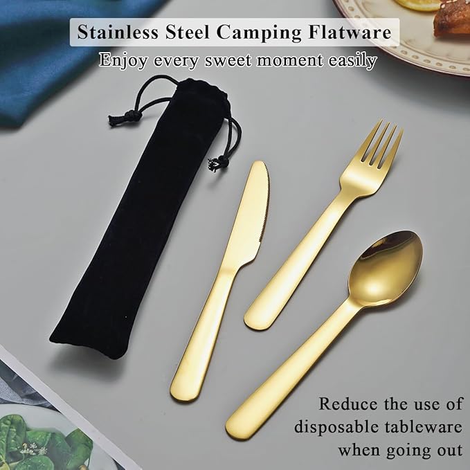 Evanda 3 Piece Portable Silverware Set, Include Knife Fork Spoon, Gold Titanium Plating Camping Cutlery Set With Black Bag, For Home Kitchen Camping Travel, Dishwasher Safe